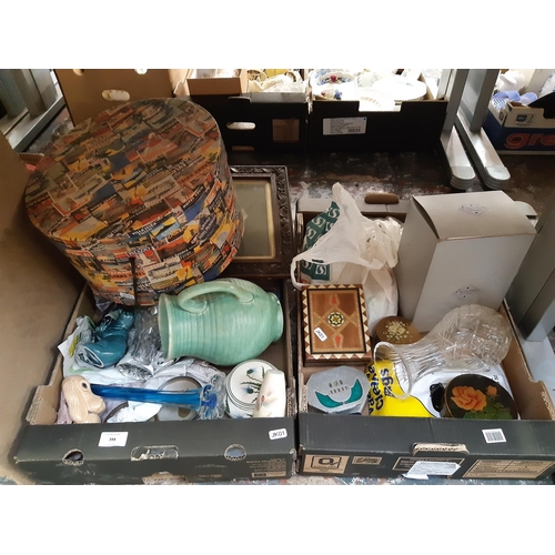 394 - Two boxes containing mixed items to include cut glass vase, modern hat box, various ceramics, Poole ... 