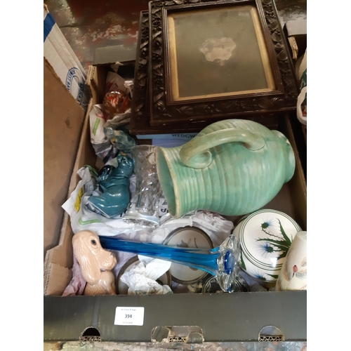 394 - Two boxes containing mixed items to include cut glass vase, modern hat box, various ceramics, Poole ... 