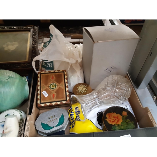 394 - Two boxes containing mixed items to include cut glass vase, modern hat box, various ceramics, Poole ... 