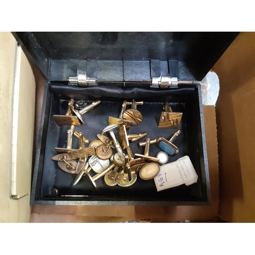 397 - Three boxes containing mixed items to include mens wristwatches, cufflinks, candlesticks, ceramics, ... 