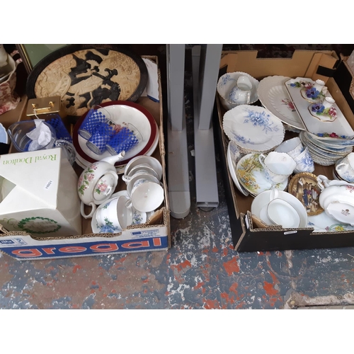 401 - Nine boxes containing mixed items to include various ceramics, glassware, brassware, mottled glass f... 