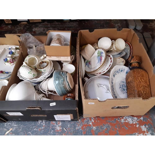 401 - Nine boxes containing mixed items to include various ceramics, glassware, brassware, mottled glass f... 