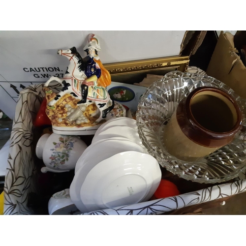 407 - Two boxes and a bag containing mixed items to include ceramics, glassware, DVDs, wooden child's swan... 