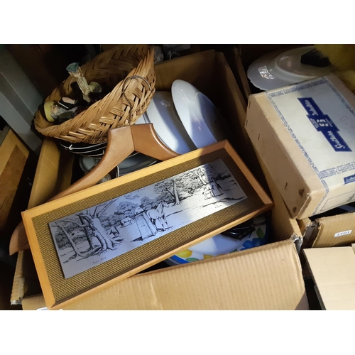 409 - Three boxes containing mixed items to include vintage style kitchen scales, glassware, ceramics, ted... 