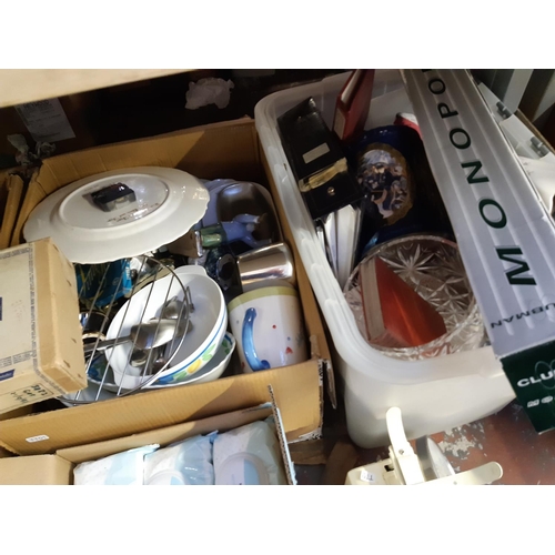 409 - Three boxes containing mixed items to include vintage style kitchen scales, glassware, ceramics, ted... 