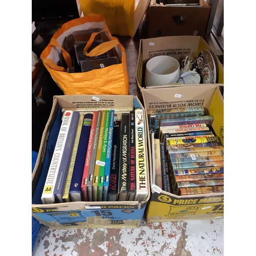 415 - Five boxes and a bag containing vintage books, CD cases, ceramics, mixed china and glassware etc