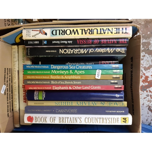 415 - Five boxes and a bag containing vintage books, CD cases, ceramics, mixed china and glassware etc