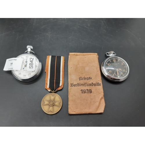 77 - Three items include a vintage Smiths stopwatch, Ingersoll Triumph pocket watch with black face and a... 