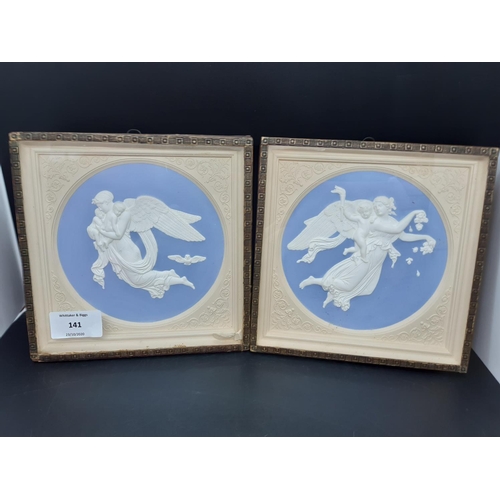 141 - Two framed 19th century Jasperware Von Thorwaldsen wall plaques to include 'Die Nacht' and 'Der Tag'