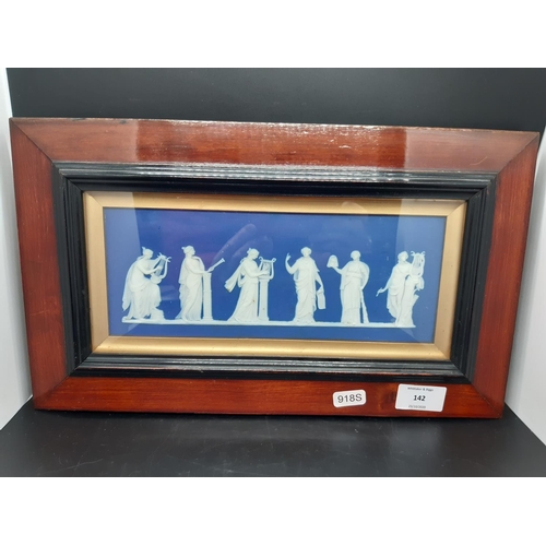 142 - A 19th century mahogany framed Wedgwood blue Jasperware plaque depicting six classical ladies - meas... 