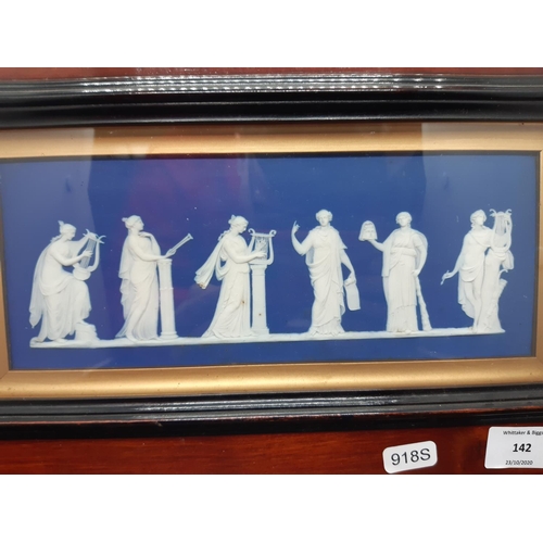 142 - A 19th century mahogany framed Wedgwood blue Jasperware plaque depicting six classical ladies - meas... 