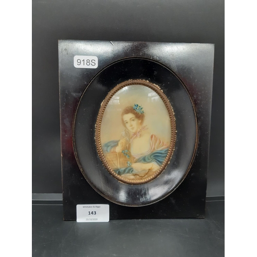 143 - A Victorian ebony framed portrait painting on porcelain - measuring approx. 20.5cm high and 17cm wid... 