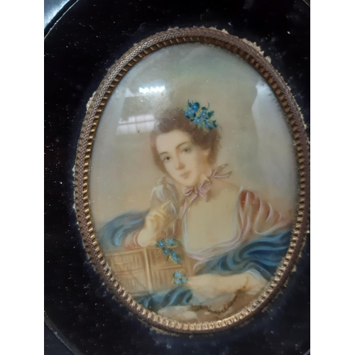 143 - A Victorian ebony framed portrait painting on porcelain - measuring approx. 20.5cm high and 17cm wid... 