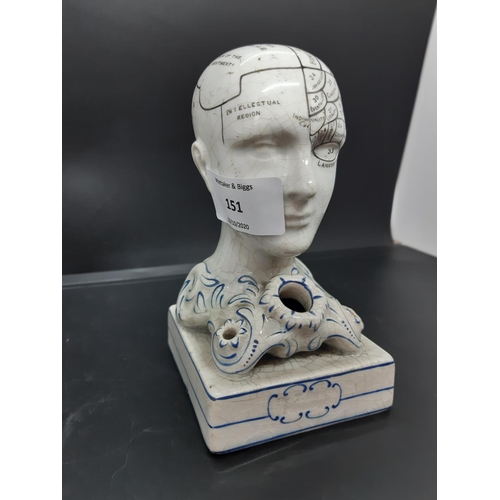 151 - A mid 19th century F. Bridges ceramic phrenology head inkwell - measuring approx. 14cm high (see con... 