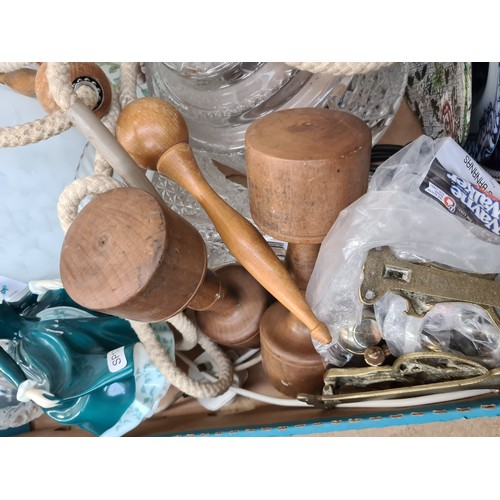 391 - A box and a brown leather suitcase containing mixed items to include Victorian copper jug, Royal Dou... 