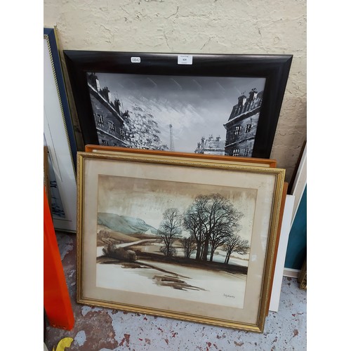 429 - Six various pictures to include a gilt framed oil on board of a bridge and canal scene, framed horse... 