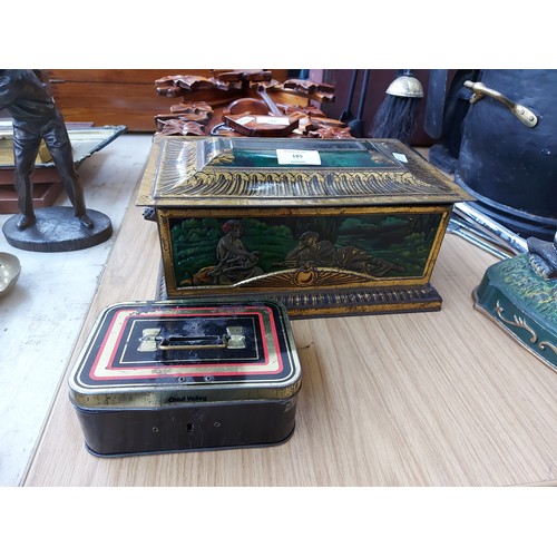 185 - Six items items to include a vintage Colmans fine mustard tin with Greek scenes, a vintage Chad Vall... 