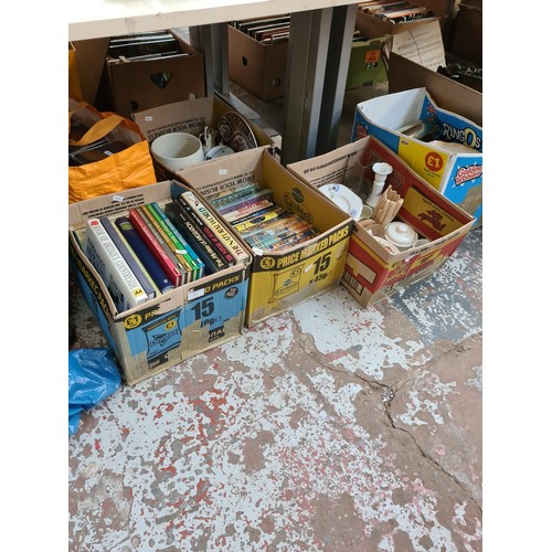 415 - Five boxes and a bag containing vintage books, CD cases, ceramics, mixed china and glassware etc