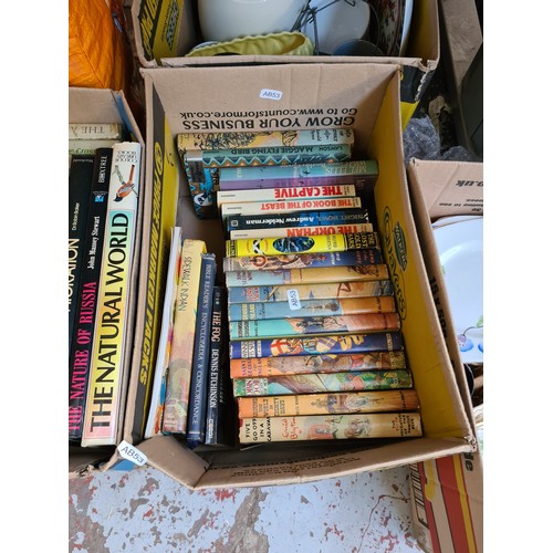 415 - Five boxes and a bag containing vintage books, CD cases, ceramics, mixed china and glassware etc