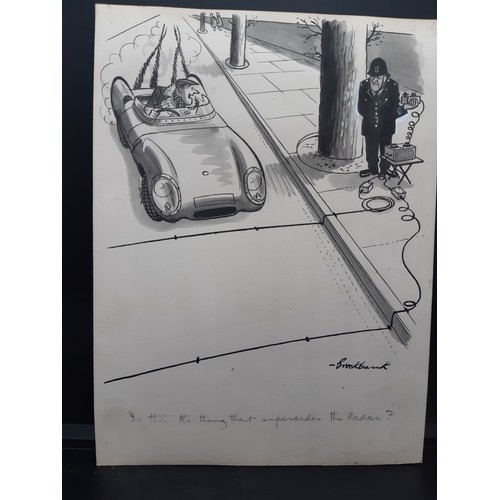 444 - A mid 20th century framed ink on paper cartoon by Russell Brockbank portraying car, driver and Polic... 