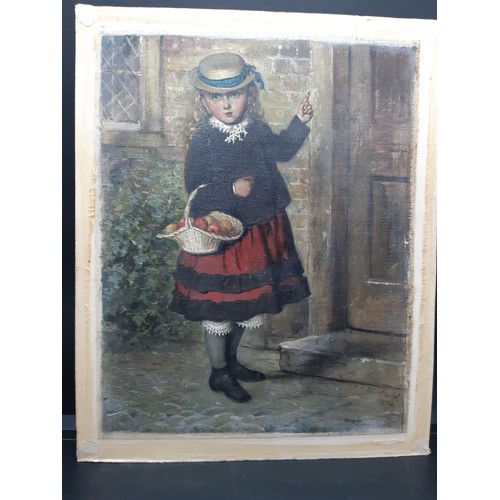 447 - A framed oil on canvas of a young girl with a basket of fruit signed bottom right F.P. Shuckard 1874... 