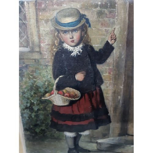 447 - A framed oil on canvas of a young girl with a basket of fruit signed bottom right F.P. Shuckard 1874... 