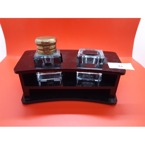 63 - Two Mont Blanc glass inkwells with matching black plastic two section shop advertising stand  (see c... 