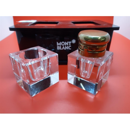 63 - Two Mont Blanc glass inkwells with matching black plastic two section shop advertising stand  (see c... 