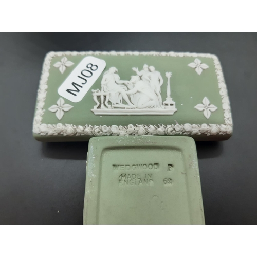 102 - Three pieces of Wedgwood Jasperware to include a green rectangular trinket box and two blue vases - ... 