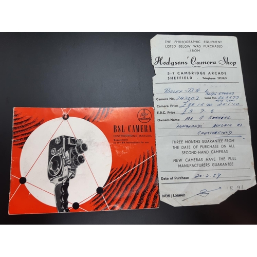 121 - A 1950s leather cased Swiss made Paillard Bolex B8 8mm cine camera with purchase receipt dated 20.2.... 