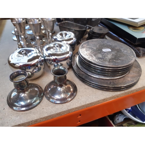 157 - A collection of assorted metalware to include EPNS four piece tea and coffee set, silver plated plac... 