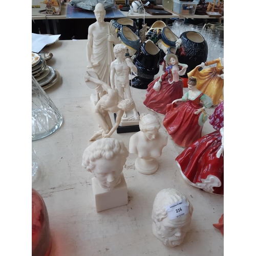 216 - Six Grand Tour style alabaster effect figurines