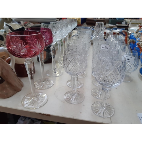 221 - 32 pieces of good quality glassware to include five brandy snifters, six cut crystal wine glasses, h... 