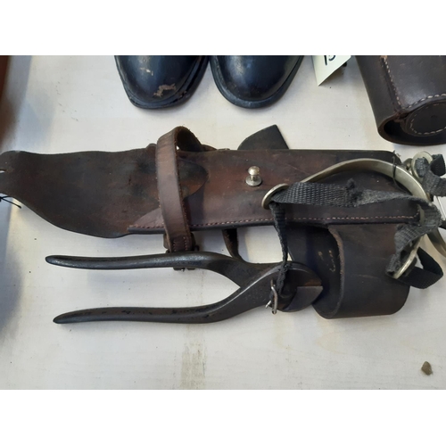 275 - A pair of vintage black leather riding boots with trees and two brown leather cases - one containing... 