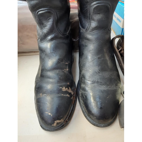 275 - A pair of vintage black leather riding boots with trees and two brown leather cases - one containing... 