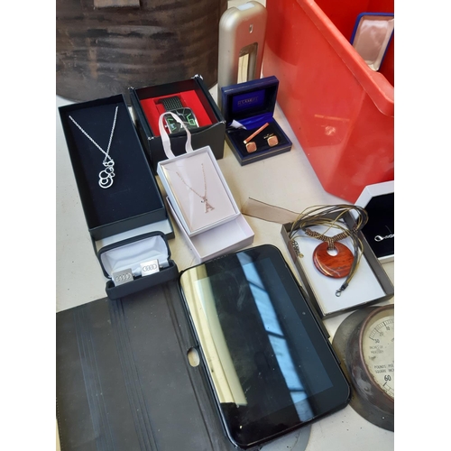 281 - A box containing various items to include costume jewellery, Hudl tablet etc.