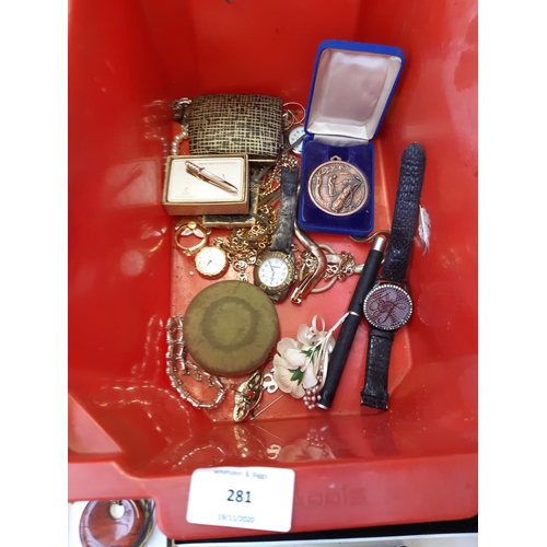 281 - A box containing various items to include costume jewellery, Hudl tablet etc.