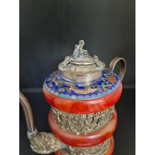 122A - A vintage hand worked Tibetan cloisonne, white metal and jade effect teapot - measuring approx. 14cm... 