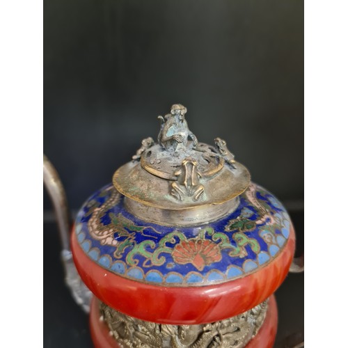 122A - A vintage hand worked Tibetan cloisonne, white metal and jade effect teapot - measuring approx. 14cm... 