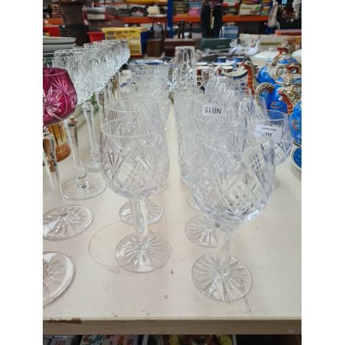 221 - 32 pieces of good quality glassware to include five brandy snifters, six cut crystal wine glasses, h... 