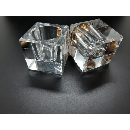 63 - Two Mont Blanc glass inkwells with matching black plastic two section shop advertising stand  (see c... 