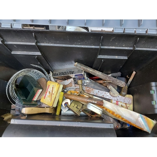 1242 - Two toolboxes, a black plastic and a blue metal, with contents to include heavy duty hand drill, woo... 