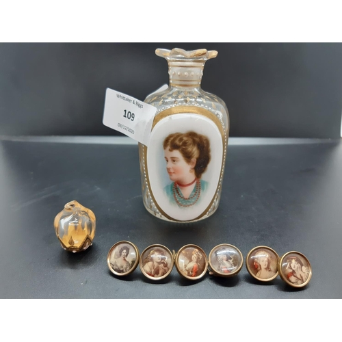 109 - A Victorian clear glass perfume bottle with porcelain portrait centre and six various Victorian styl... 