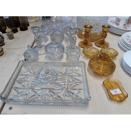 193 - A collection of mixed glassware to include seven piece amber glass dressing table set, cut glass fru... 