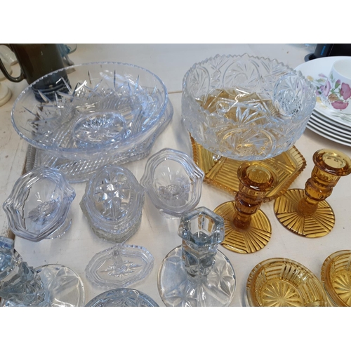 193 - A collection of mixed glassware to include seven piece amber glass dressing table set, cut glass fru... 