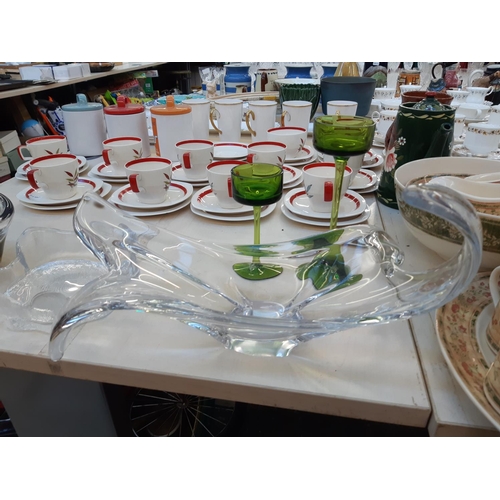 214 - Six pieces of vintage glassware to include 2 Wedgwood Brancaster green glass candleholders, clear gl... 