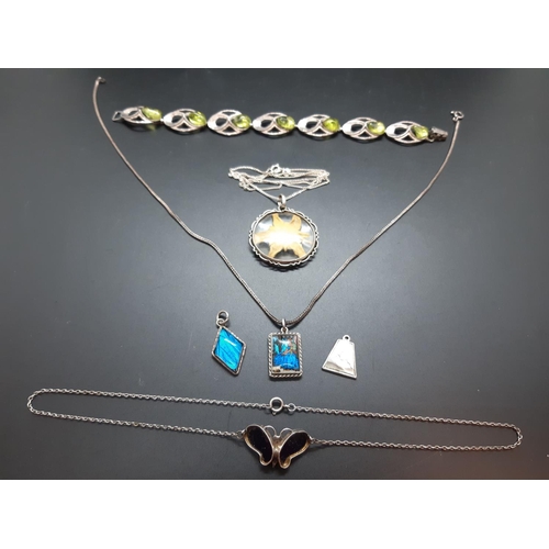 55 - Six pieces of jewellery to include 925 silver and green stone bracelet, Sterling silver necklace and... 