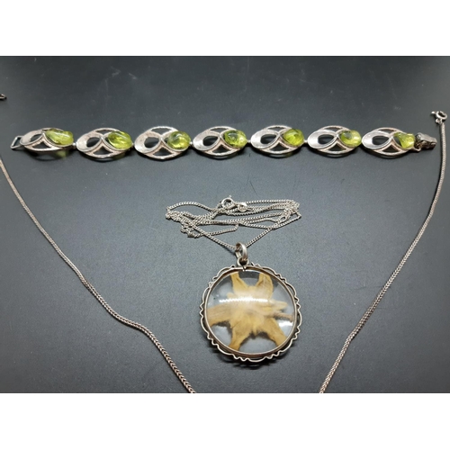 55 - Six pieces of jewellery to include 925 silver and green stone bracelet, Sterling silver necklace and... 