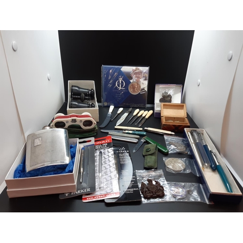 67 - Various collectables to include plated hip flask, coins, pen knives, four Parker pens, hallmarked St... 