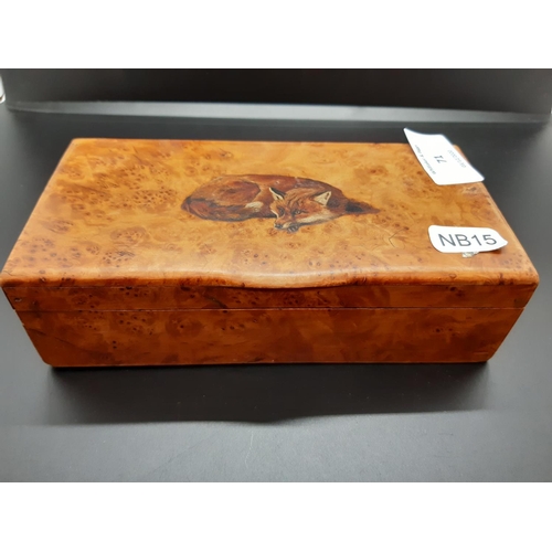 71 - A vintage burr walnut cigarette box with hand painted fox design